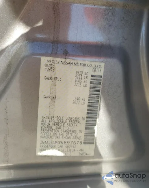 2015 Nissan Altima 2.5 from USA, damaged, VIN 1N4AL3AP3FN897678